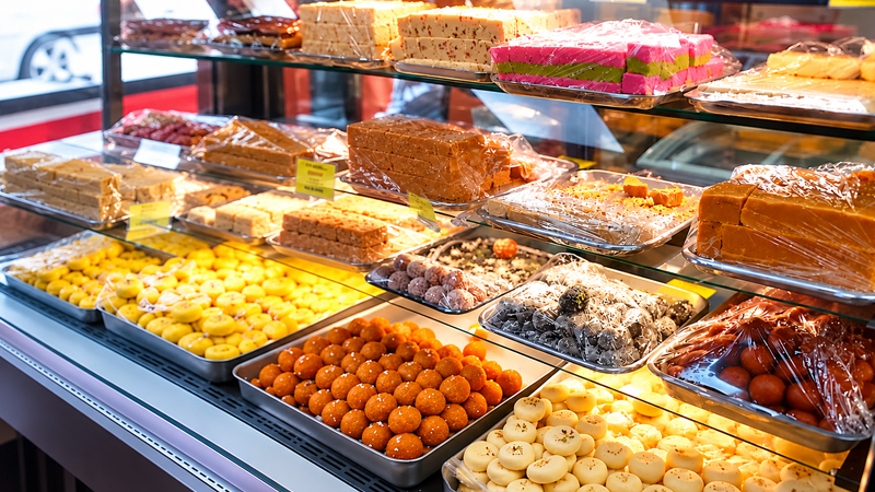 Traditional Indian milk sweets at Milan Sweet Centre including gulab jamun, black jamun, badana, balushahi, chum chum, ras malai, habsi halwa, Indian mithai Birmingham, and authentic Indian sweets